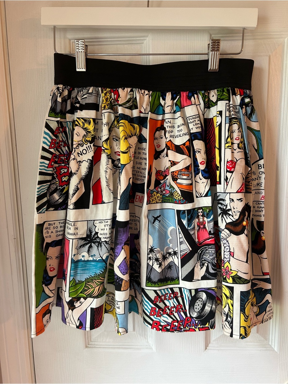 Graphic Comic-Panel Midi Skirt with Black Waistband